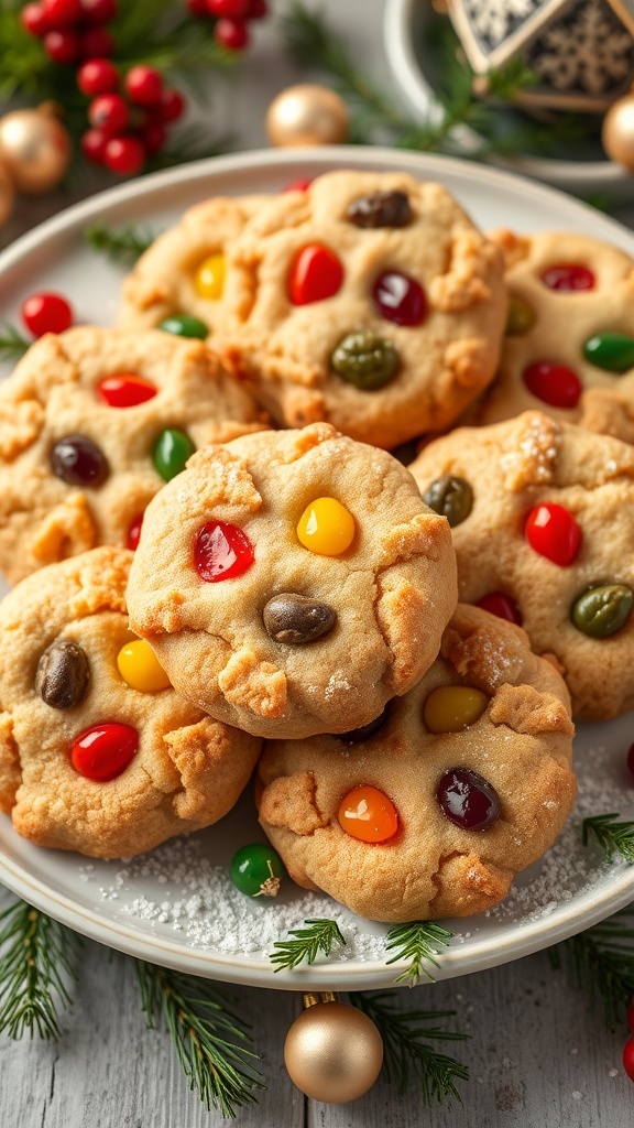A festive plate of Christmas cake cookies with dried fruits and nuts, surrounded by holiday decorations.